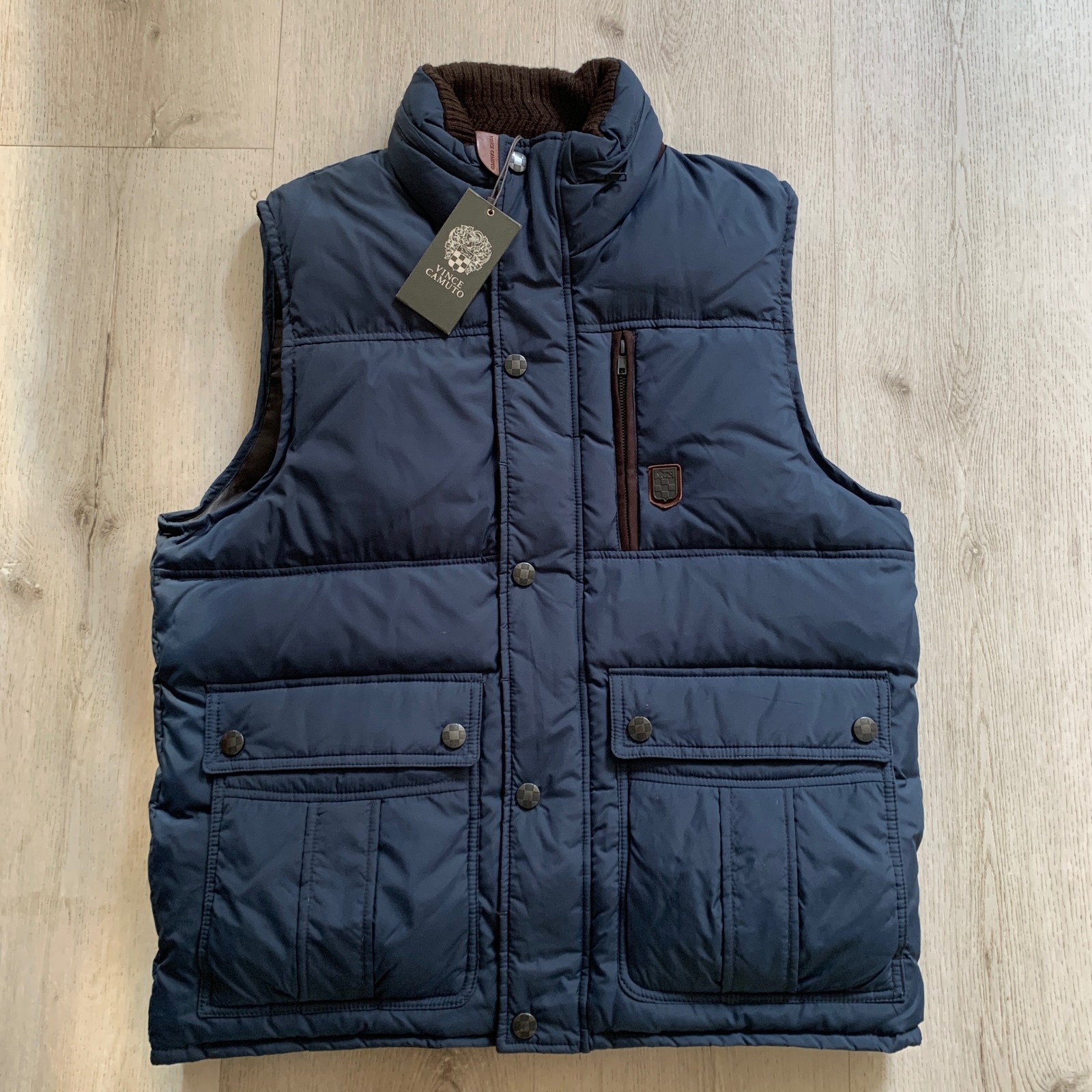 Vince Camuto Mens Puffer Vest Navy Blue Vm3ad120 Quilted Knit Collar Medium